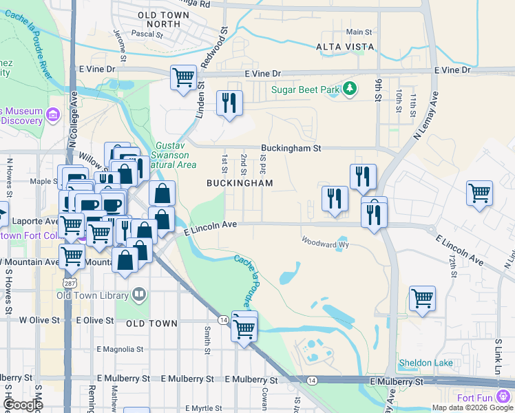 map of restaurants, bars, coffee shops, grocery stores, and more near 128 3rd Street in Fort Collins