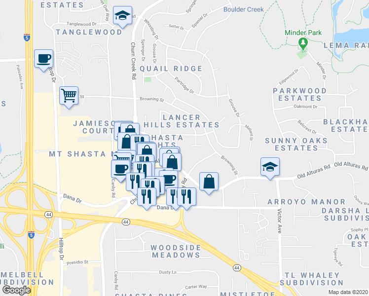map of restaurants, bars, coffee shops, grocery stores, and more near 1233 Bundy Court in Redding