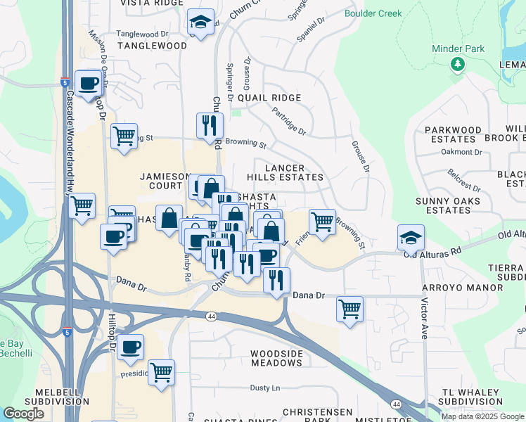 map of restaurants, bars, coffee shops, grocery stores, and more near 1229 Burton Court in Redding