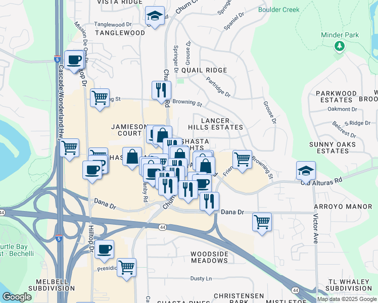 map of restaurants, bars, coffee shops, grocery stores, and more near 1229 Burton Court in Redding