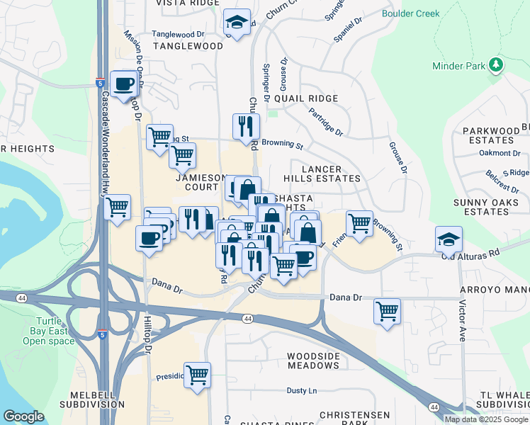 map of restaurants, bars, coffee shops, grocery stores, and more near 1133 Lancers Lane in Redding