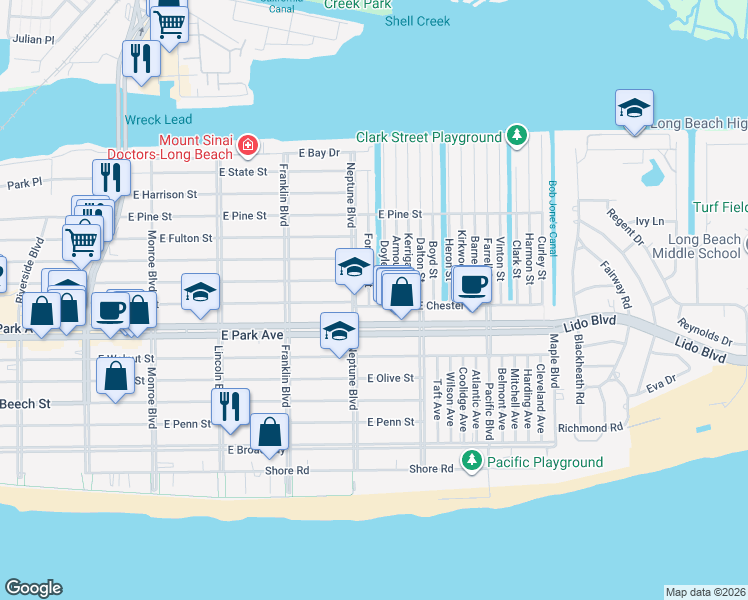 map of restaurants, bars, coffee shops, grocery stores, and more near 10 Doyle Street in Long Beach