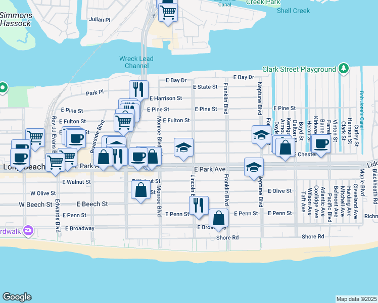 map of restaurants, bars, coffee shops, grocery stores, and more near 471 Lincoln Boulevard in Long Beach