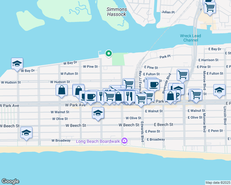 map of restaurants, bars, coffee shops, grocery stores, and more near 132 West Market Street in Long Beach