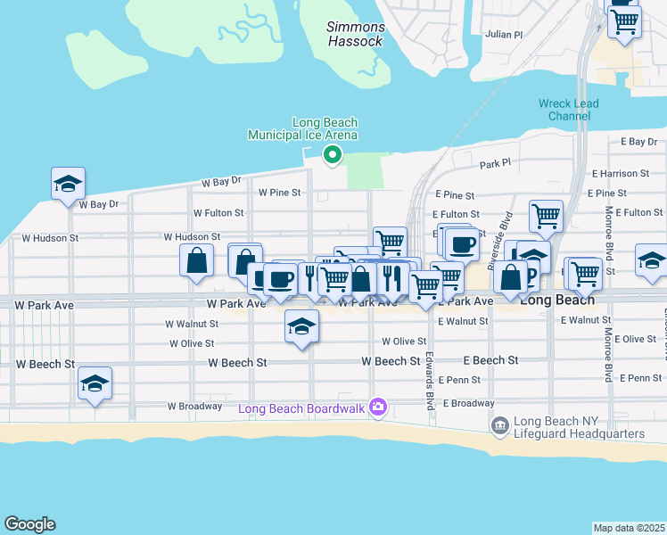 map of restaurants, bars, coffee shops, grocery stores, and more near 132 West Market Street in Long Beach