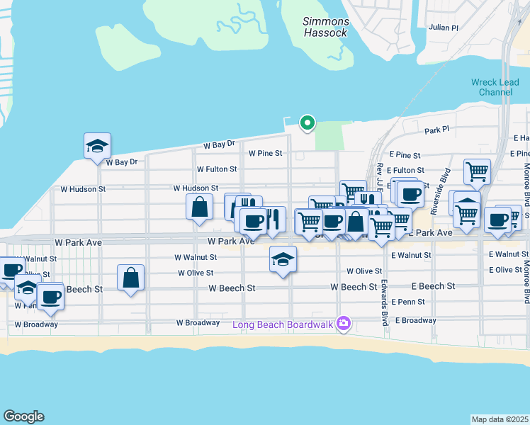 map of restaurants, bars, coffee shops, grocery stores, and more near 234 West Market Street in Long Beach