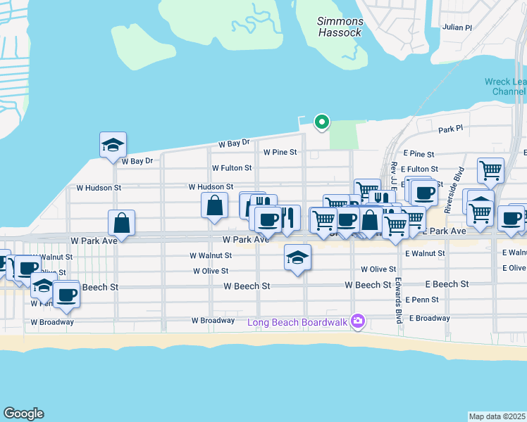 map of restaurants, bars, coffee shops, grocery stores, and more near 460 Laurelton Boulevard in Long Beach