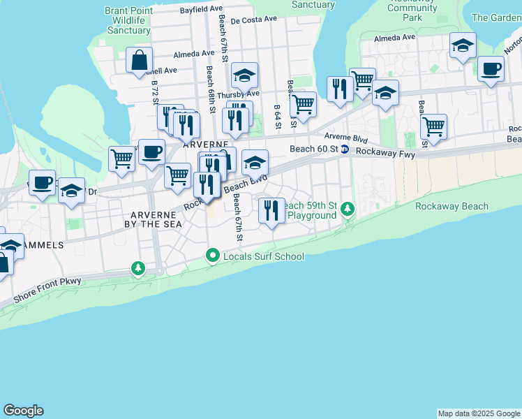 map of restaurants, bars, coffee shops, grocery stores, and more near 6505 Ocean Avenue North in Queens