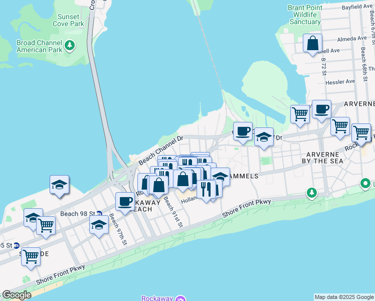 map of restaurants, bars, coffee shops, grocery stores, and more near 3-46 Beach 87th Street in Queens