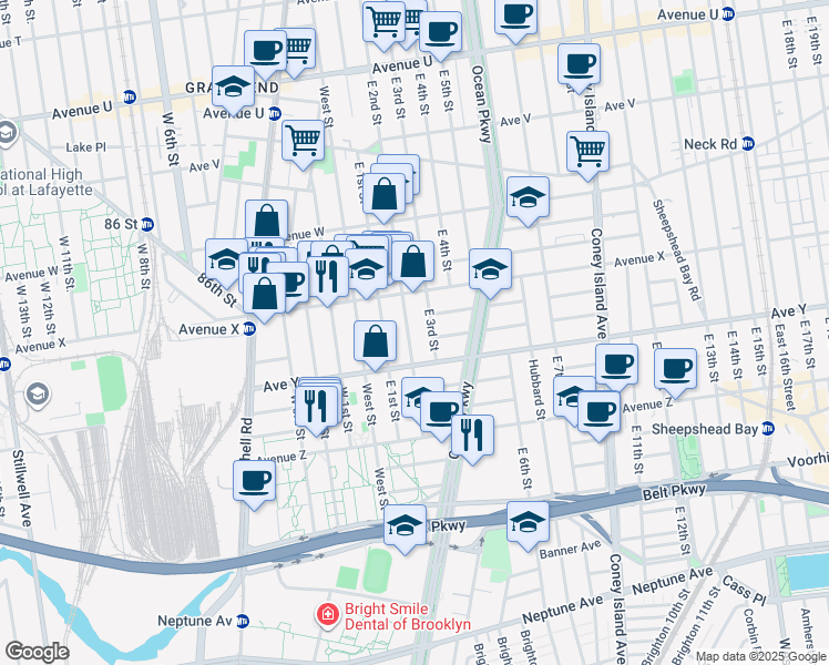 map of restaurants, bars, coffee shops, grocery stores, and more near 2431 East 2nd Street in Brooklyn