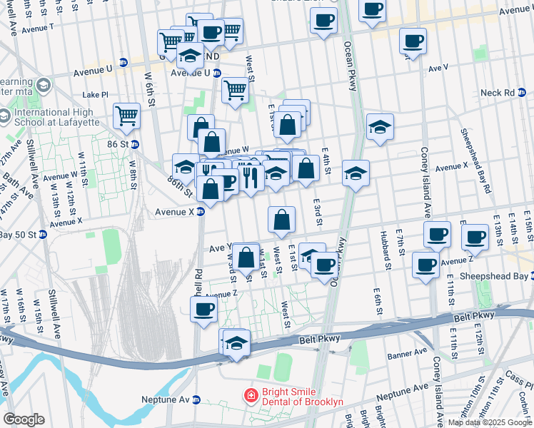 map of restaurants, bars, coffee shops, grocery stores, and more near 2415 West 1st Street in Brooklyn