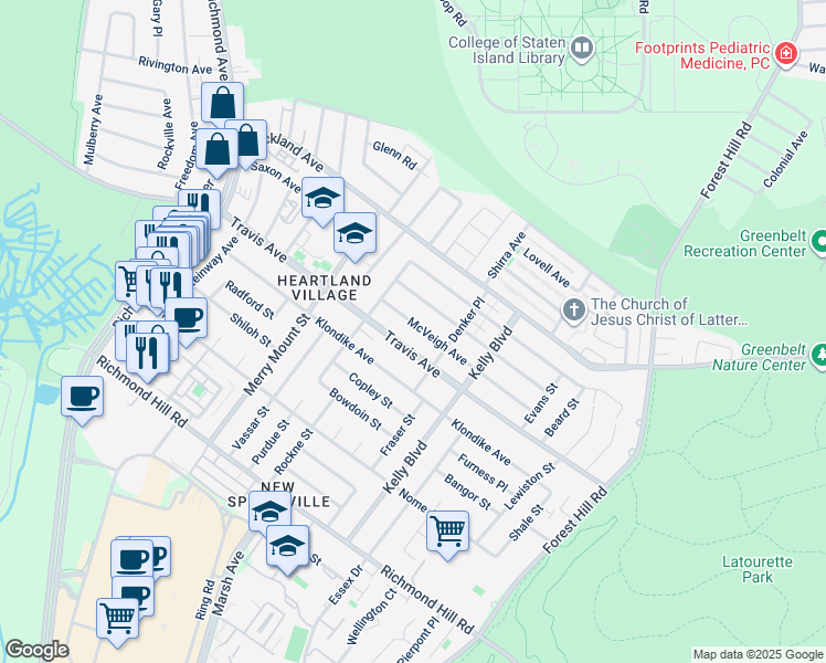 map of restaurants, bars, coffee shops, grocery stores, and more near 196 McVeigh Avenue in Staten Island