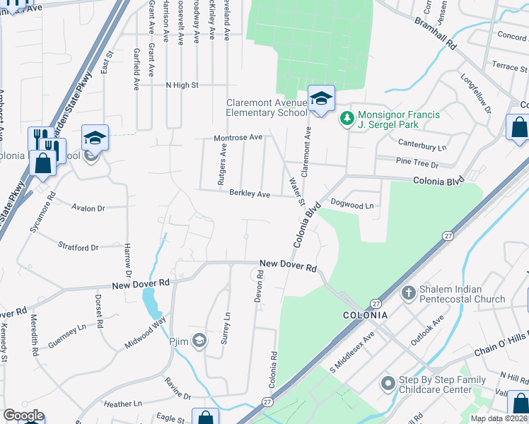 map of restaurants, bars, coffee shops, grocery stores, and more near 100 Berkley Avenue in Woodbridge Township