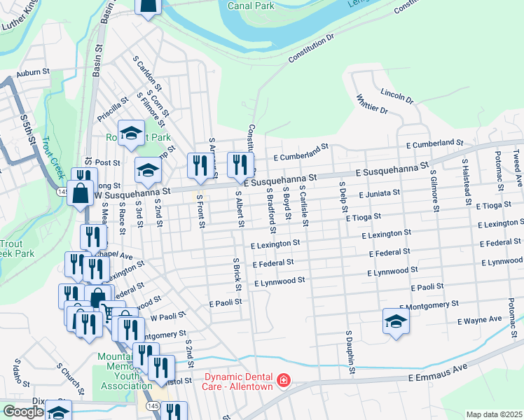 map of restaurants, bars, coffee shops, grocery stores, and more near 117 East Juniata Street in Allentown