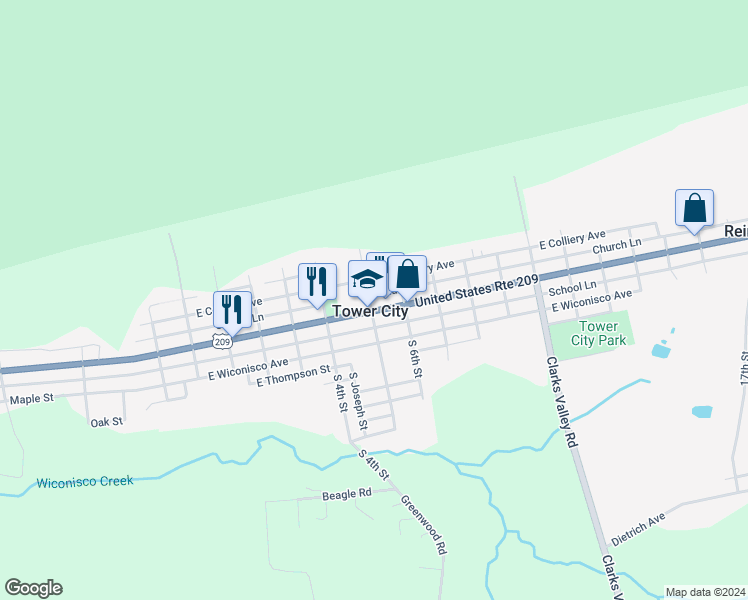 map of restaurants, bars, coffee shops, grocery stores, and more near in Tower City