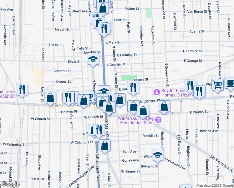 map of restaurants, bars, coffee shops, grocery stores, and more near 154 North State Street in Marion