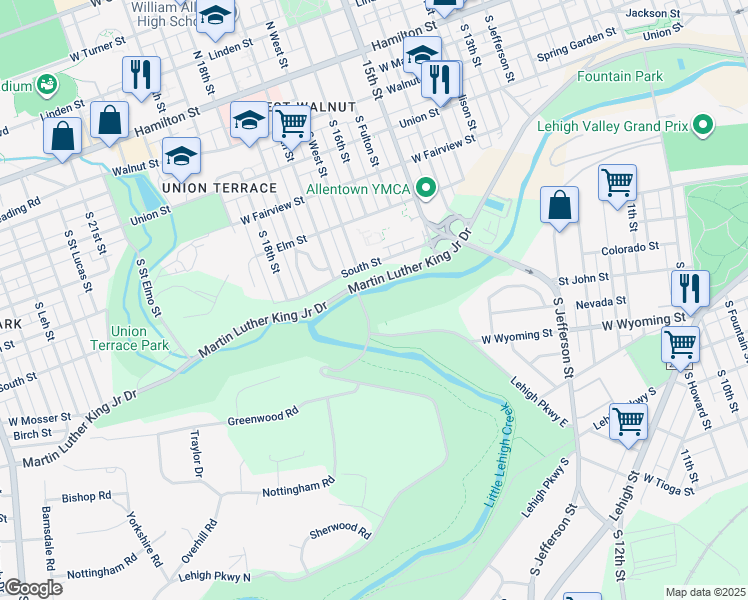 map of restaurants, bars, coffee shops, grocery stores, and more near 1667 Lehigh Parkway East in Allentown