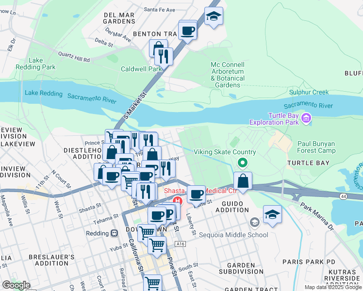 map of restaurants, bars, coffee shops, grocery stores, and more near 1114 Continental Street in Redding