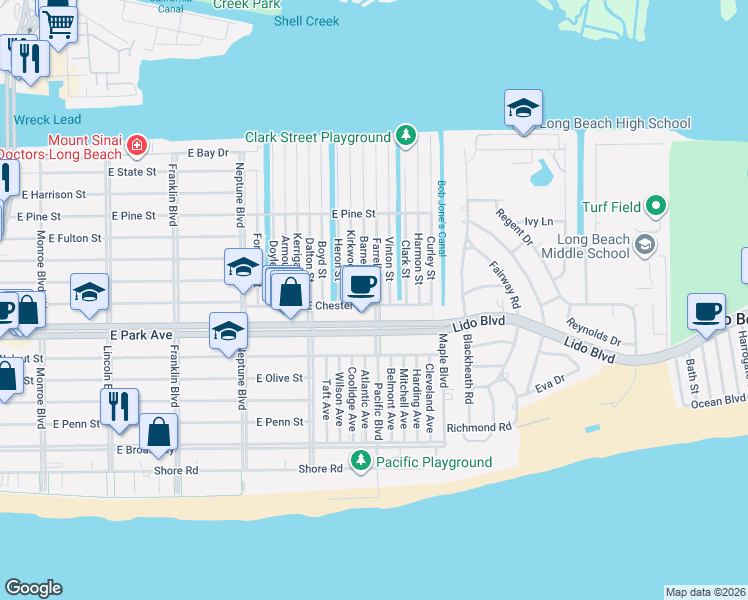 map of restaurants, bars, coffee shops, grocery stores, and more near 10 Farrell Street in Long Beach