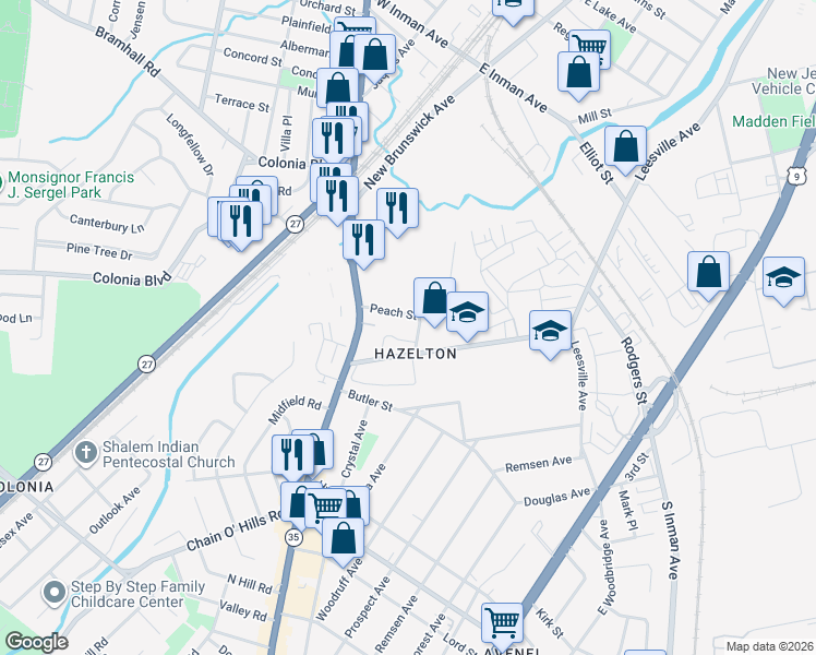 map of restaurants, bars, coffee shops, grocery stores, and more near 116 Peach Street in Woodbridge Township