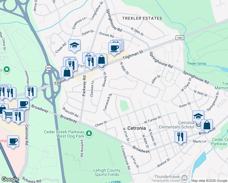 map of restaurants, bars, coffee shops, grocery stores, and more near 4093 Primrose Drive in Allentown