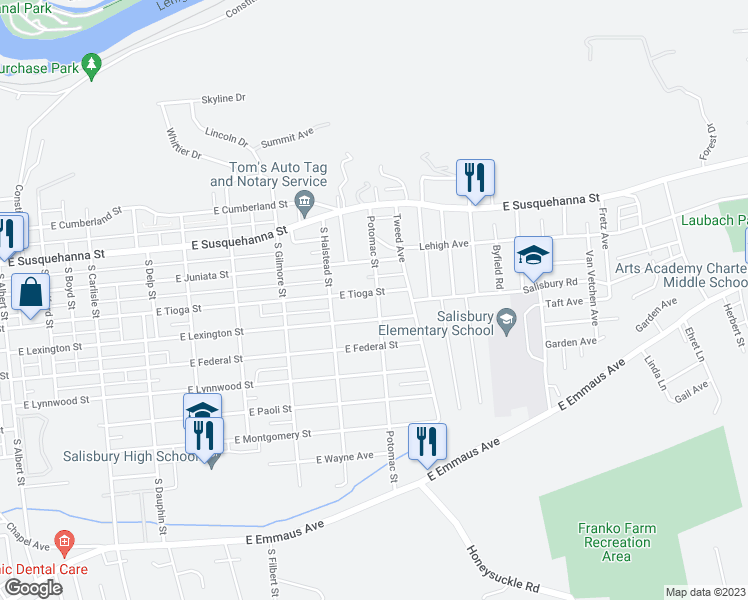 map of restaurants, bars, coffee shops, grocery stores, and more near 857 East Tioga Street in Allentown