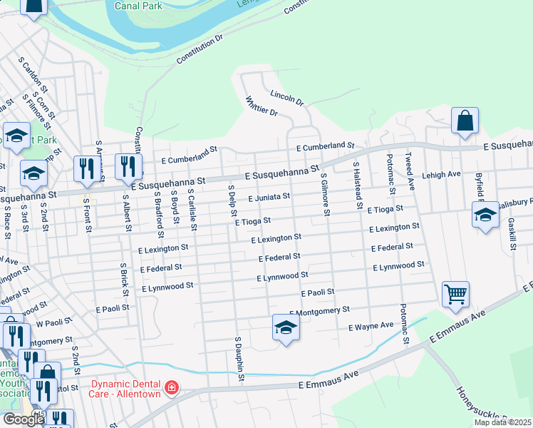 map of restaurants, bars, coffee shops, grocery stores, and more near 505 East Tioga Street in Allentown