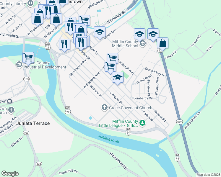 map of restaurants, bars, coffee shops, grocery stores, and more near 606 South Main Street in Lewistown