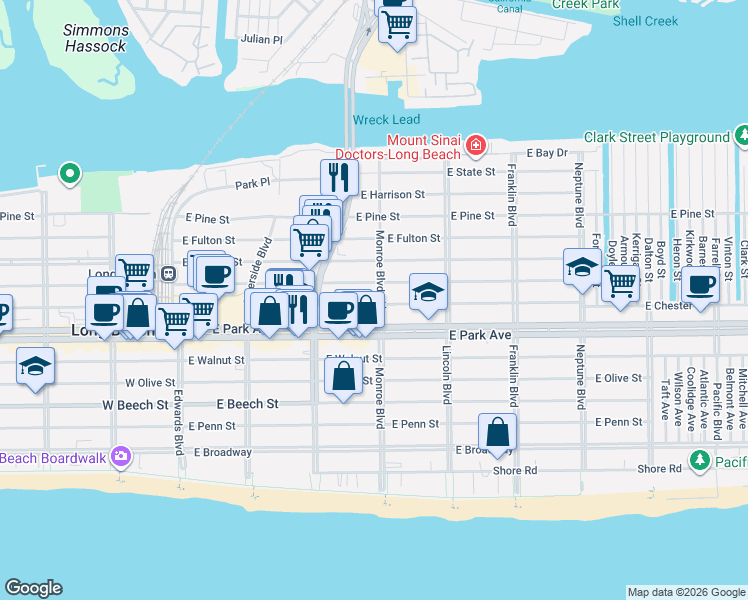 map of restaurants, bars, coffee shops, grocery stores, and more near 457 Monroe Boulevard in Long Beach