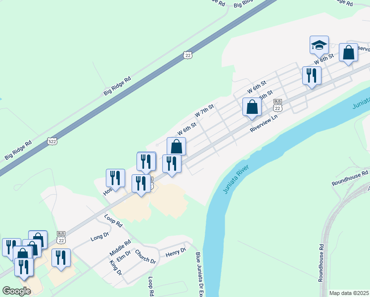 map of restaurants, bars, coffee shops, grocery stores, and more near 1154 West 5th Street in Lewistown