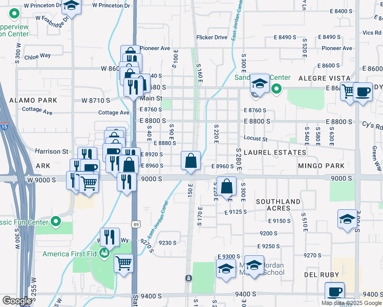 map of restaurants, bars, coffee shops, grocery stores, and more near 143 East 8920 South in Sandy