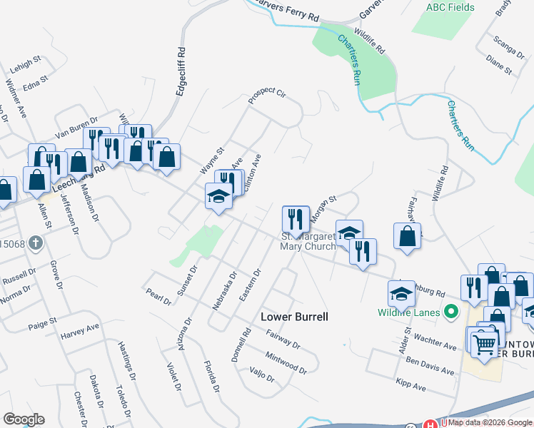 map of restaurants, bars, coffee shops, grocery stores, and more near 132 Yale Drive in New Kensington