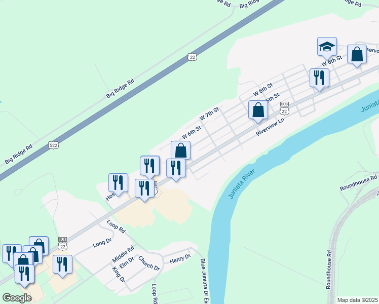 map of restaurants, bars, coffee shops, grocery stores, and more near 1154 West 5th Street in Lewistown