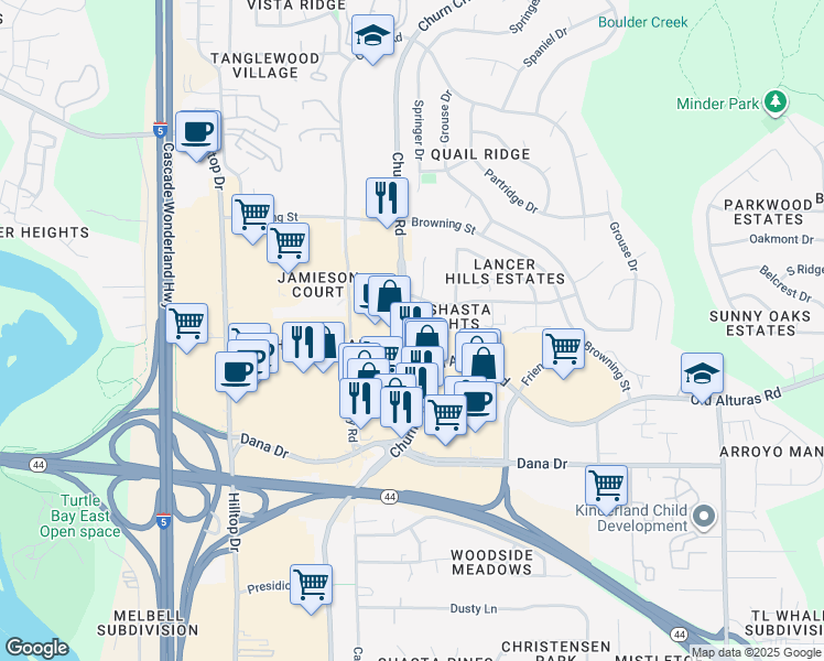 map of restaurants, bars, coffee shops, grocery stores, and more near 1248 Brandon Court in Redding