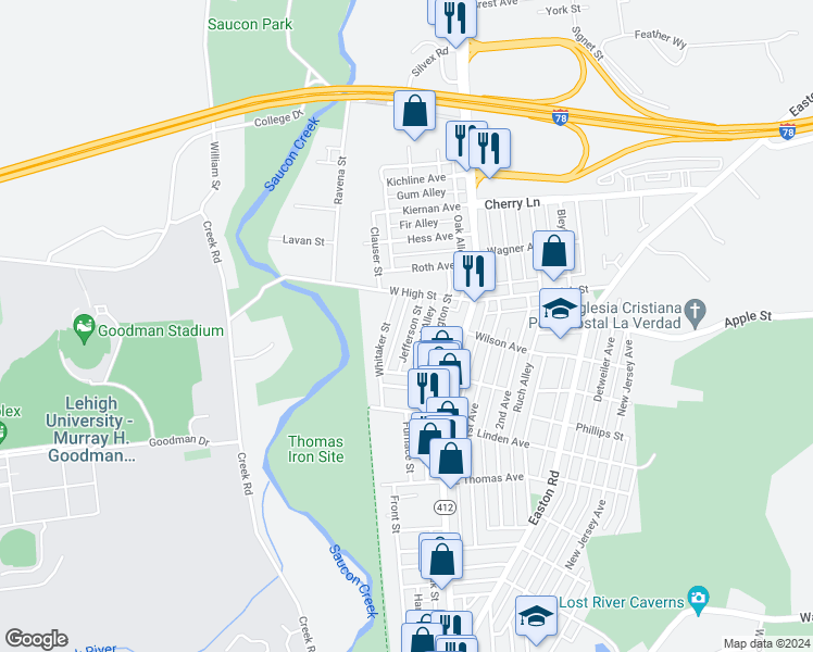 map of restaurants, bars, coffee shops, grocery stores, and more near 1378 Jefferson Street in Hellertown