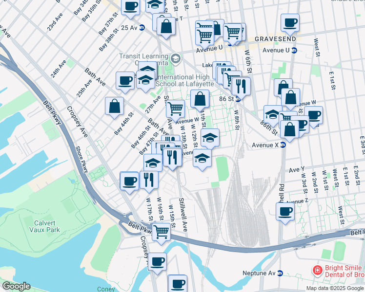 map of restaurants, bars, coffee shops, grocery stores, and more near 2368 West 13th Street in Brooklyn