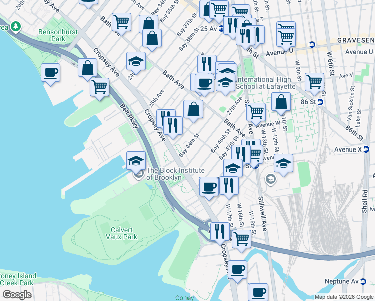map of restaurants, bars, coffee shops, grocery stores, and more near 207 Bay 44th Street in Brooklyn