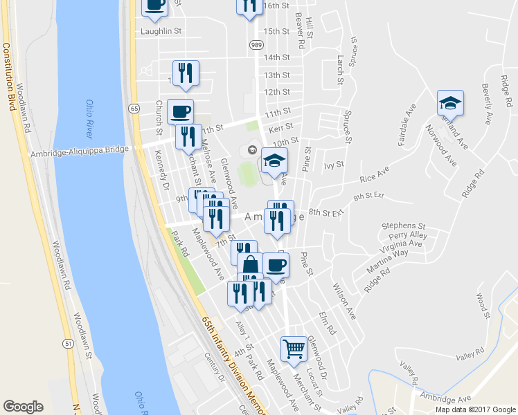 map of restaurants, bars, coffee shops, grocery stores, and more near 533 8th Street in Ambridge