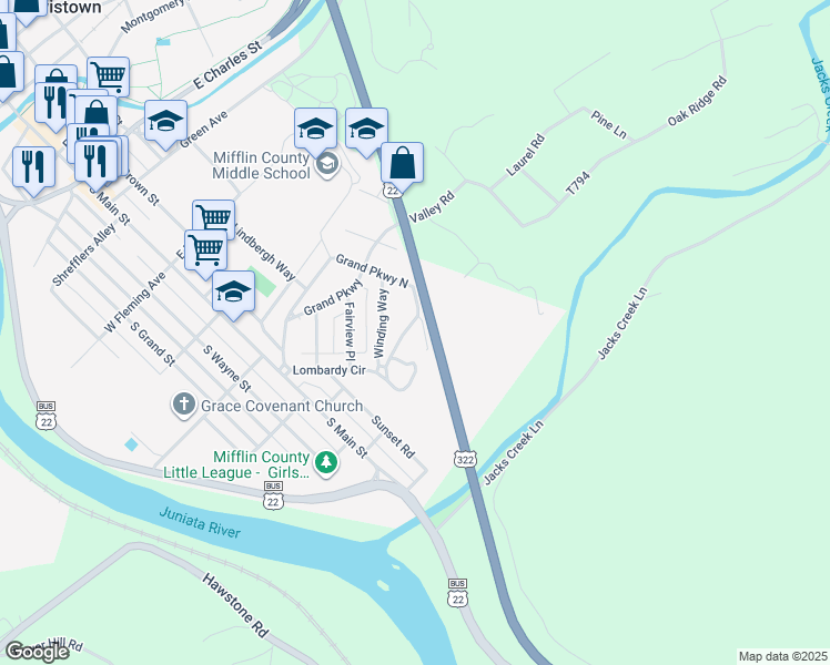 map of restaurants, bars, coffee shops, grocery stores, and more near 8 Summit Manor in Lewistown