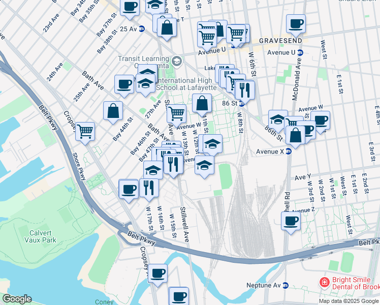 map of restaurants, bars, coffee shops, grocery stores, and more near 2349 West 13th Street in Brooklyn