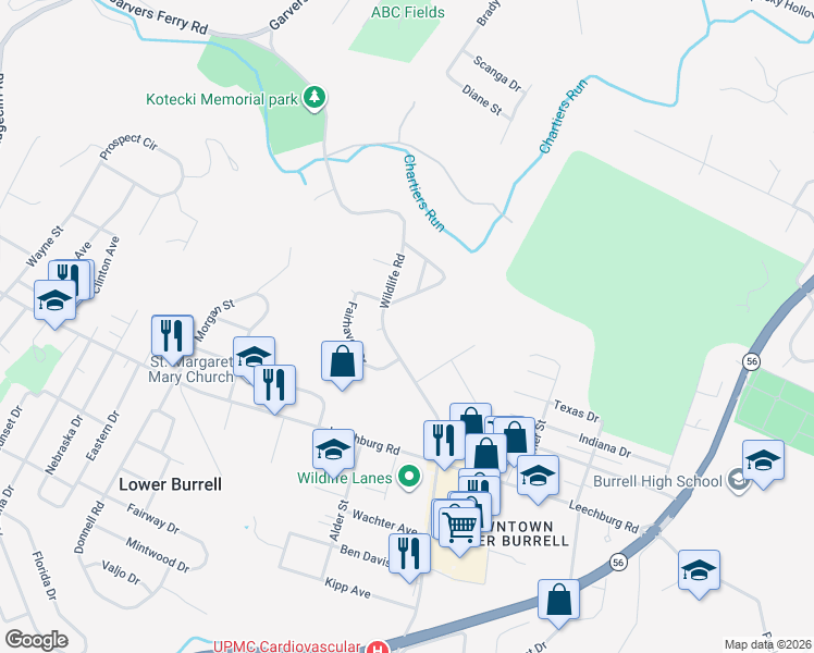 map of restaurants, bars, coffee shops, grocery stores, and more near 923 Wildlife Lodge Road in New Kensington