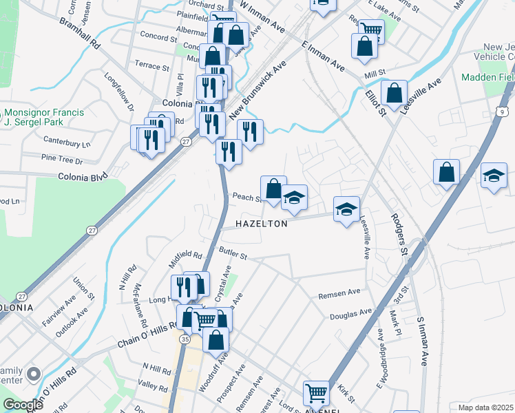 map of restaurants, bars, coffee shops, grocery stores, and more near 116 Peach Street in Woodbridge Township