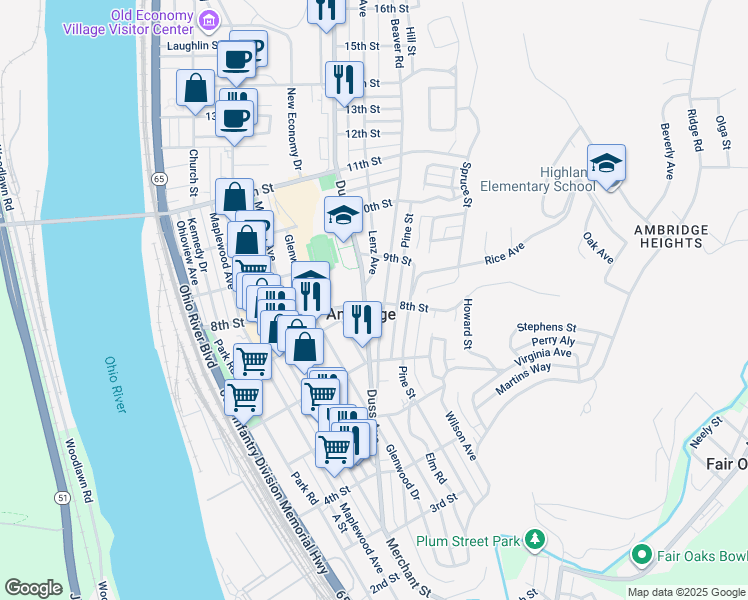 map of restaurants, bars, coffee shops, grocery stores, and more near 709 8th Street in Ambridge