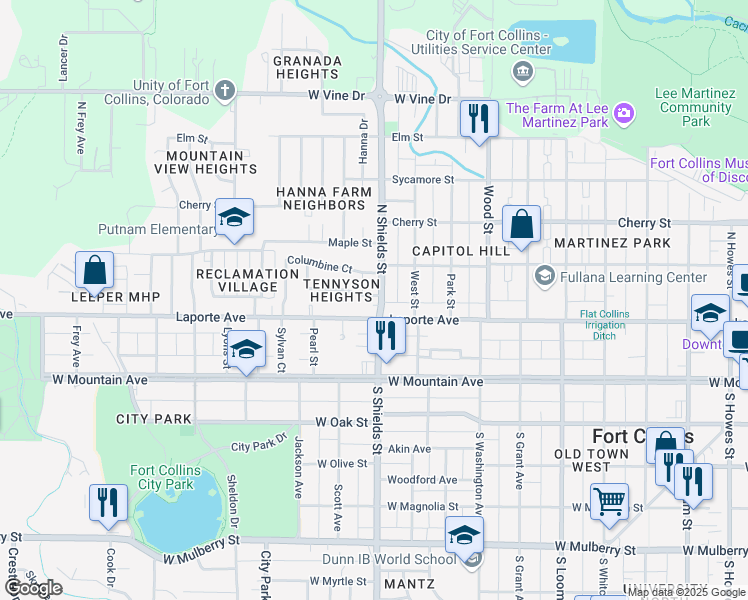 map of restaurants, bars, coffee shops, grocery stores, and more near 211 North Shields Street in Fort Collins