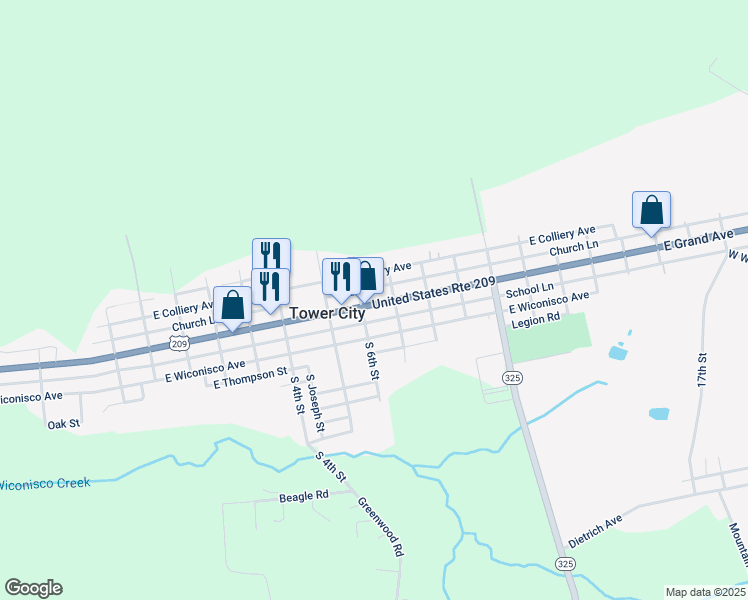 map of restaurants, bars, coffee shops, grocery stores, and more near 645 East Grand Avenue in Tower City