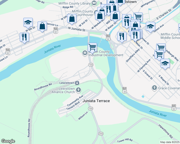 map of restaurants, bars, coffee shops, grocery stores, and more near Railroad Street in Lewistown