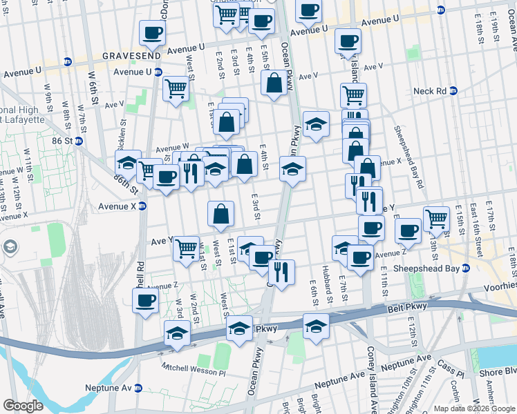 map of restaurants, bars, coffee shops, grocery stores, and more near 20 Ocean Court in Brooklyn