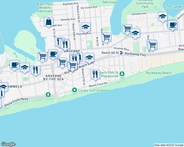 map of restaurants, bars, coffee shops, grocery stores, and more near 6508 Ocean Avenue South in Queens