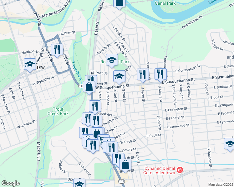map of restaurants, bars, coffee shops, grocery stores, and more near 1221 South 3rd Street in Allentown
