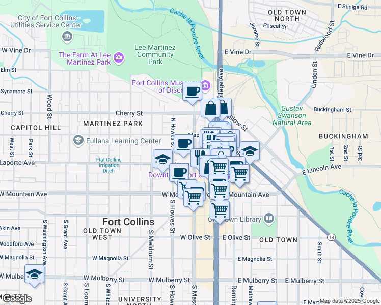 map of restaurants, bars, coffee shops, grocery stores, and more near 215 North Mason Street in Fort Collins